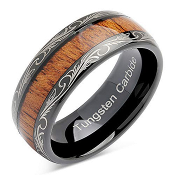 100S JEWELRY Tungsten Rings for Men Wedding Band Koa Wood Inlaid Dome Edge Comfort
